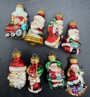 Lot Of 8 Unique Treasures Santa Hand Blown & Painted Crafted Glass Ornaments BG1